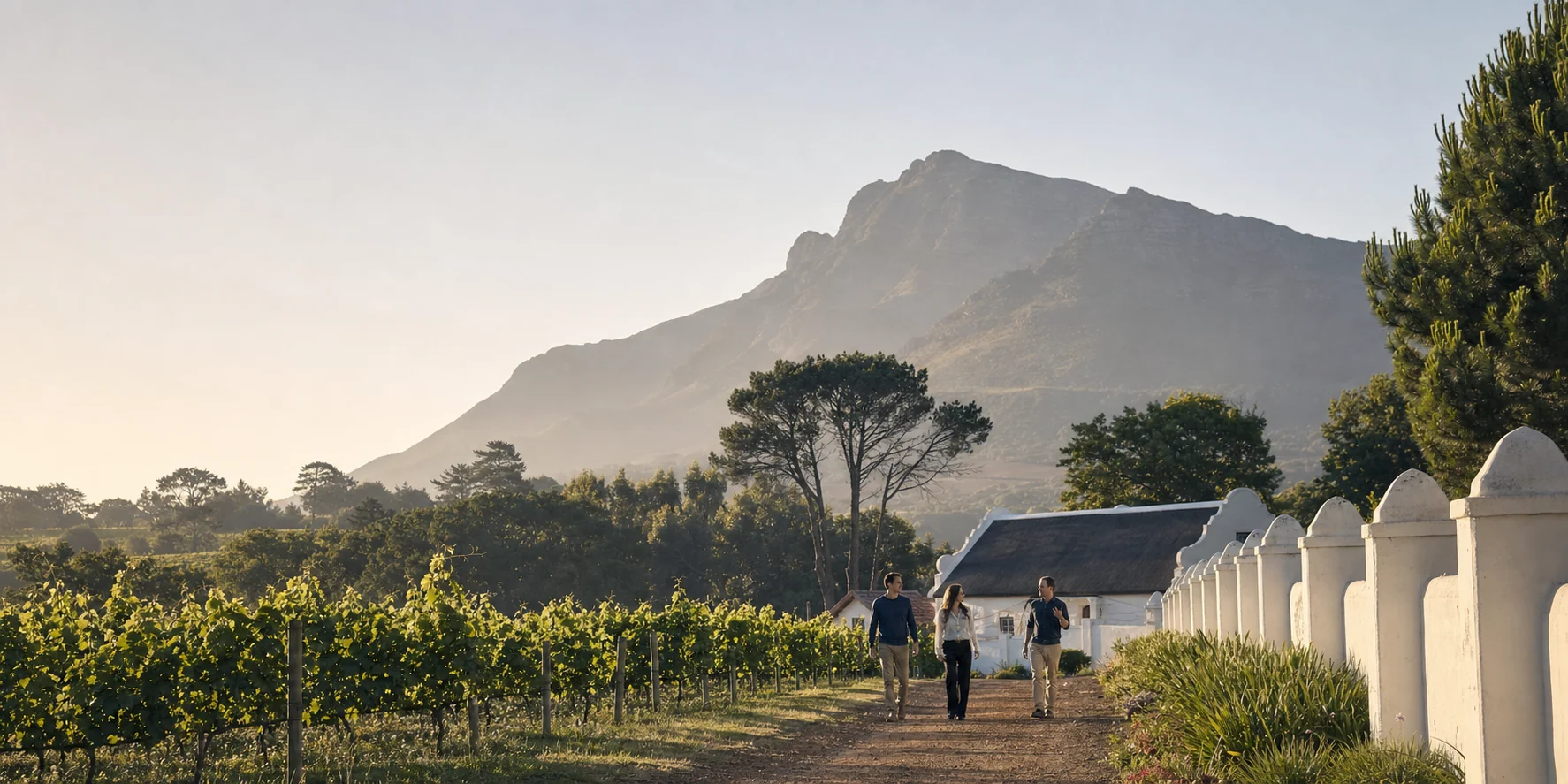 Guests walking with a host through a Constantia vineyard