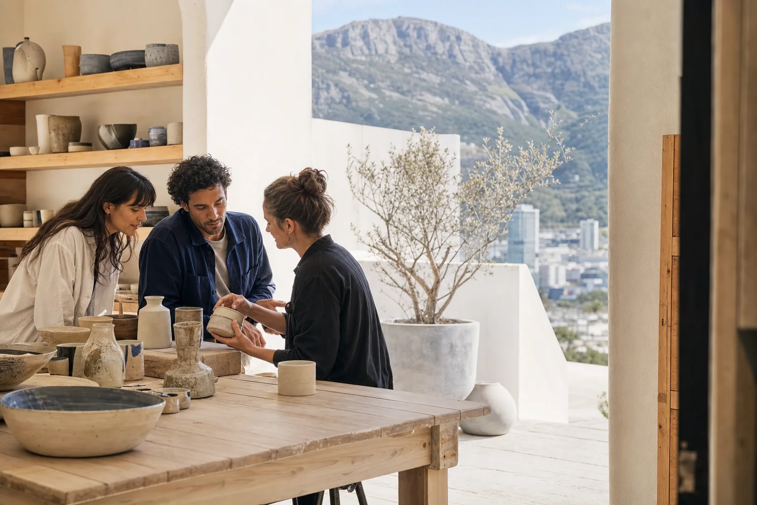 Guests meeting a ceramic maker in a Cape Town studio