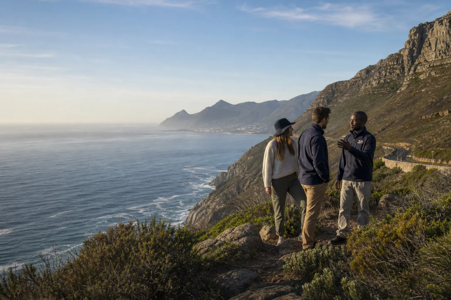 Guests and a host overlooking the Cape Peninsula coastline
